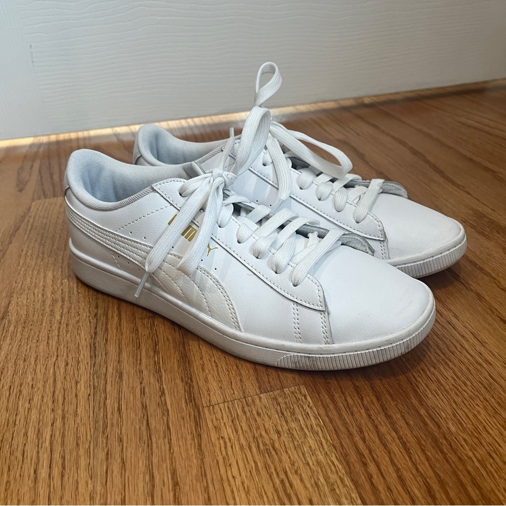 Womens White Puma Sneakers with gold logo